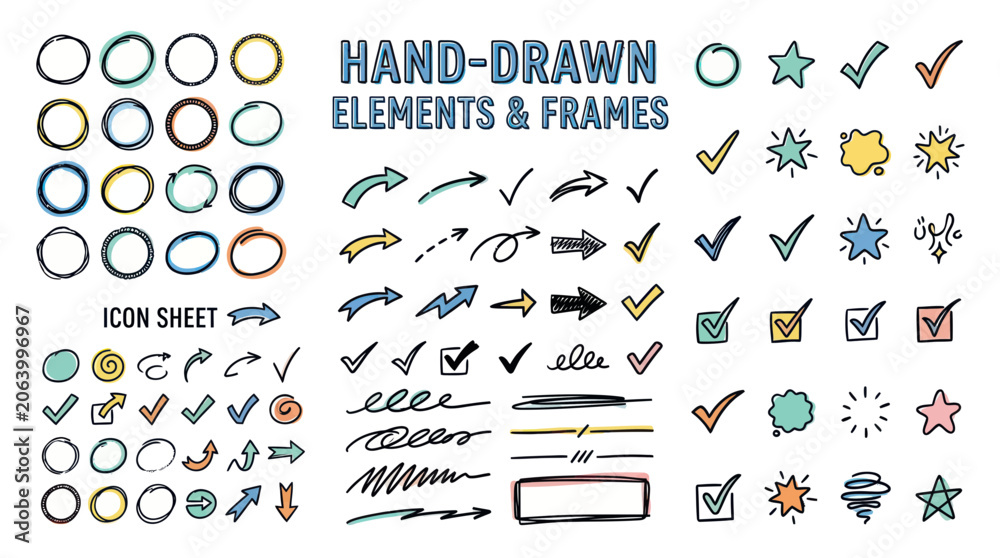 Obraz premium Hand-Drawn Elements & Frames: Circles, Arrows, Checkmarks, Stars, Bubbles