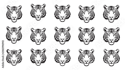 Photography Tiger Face Silhouette Tribal Set with Bold Black Ink Lines and Stylized Mane for