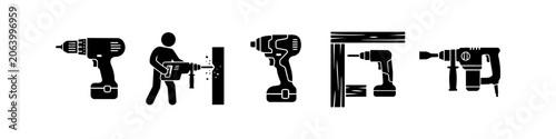 Canvas-taulu Set of black power tool icons including cordless drills, impact drivers, and rotary hammer drills