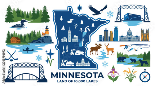 Minnesota Map Illustration: Icons of Lakes, Wildlife, Cities, and Landmarks