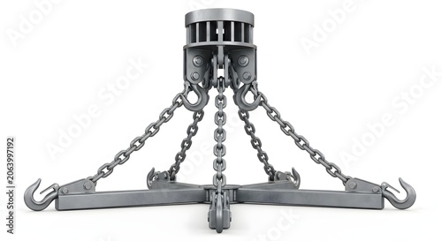 Three leg lifting chain assembly with heavy duty hoist hardware for cargo.