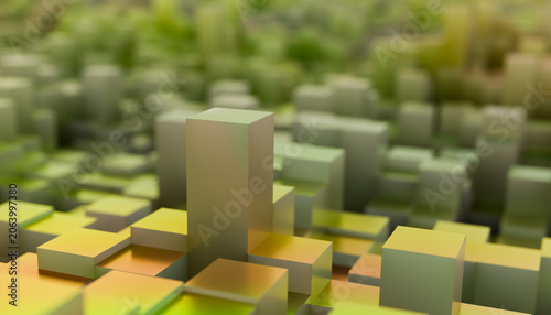 Abstract 3D cityscape with green cubic shapes resembling a futuristic urban landscape.