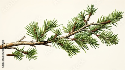 Green Spruce Branch Watercolor Vector Illustration on White Background