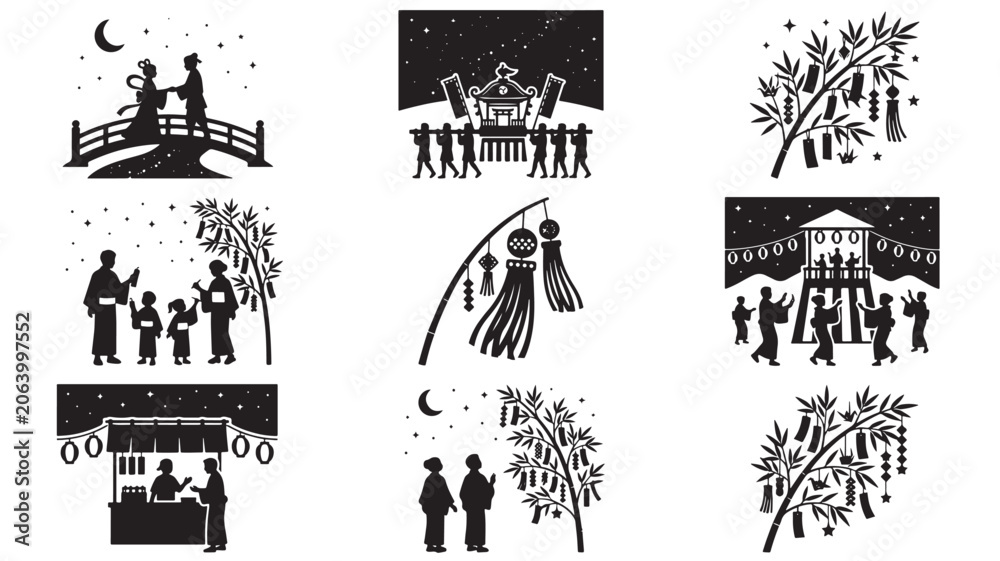 Obraz premium Tanabata Festival Silhouettes of People Celebrating Under Stars with Decorations and Lanterns Featuring Celebration, Night, Bamboo with Wishes