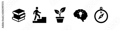 Billede på lærred Set of five black icons symbolizing personal growth, education, creativity, progress, and strategic direction on a white background