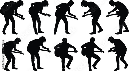 Tableau sur toile Guitarist silhouettes set with musicians tuning acoustic or electric guitar isol