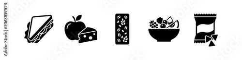 Canvas Print Set of minimalist black snack icons: a sandwich, apple with cheese, granola bar, salad bowl, and chips
