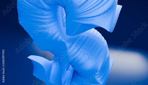 Abstract blue sculpture with smooth, flowing curves against a dark background.