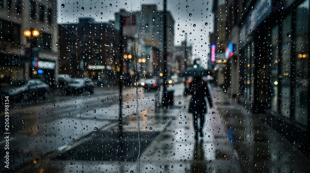 Fototapeta premium Rain covered window overlooking a city street with blurred vehicles and pedestrians background cityscape dampness