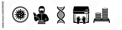 Fotografie Vector icon set for laboratory research and virology featuring a virus, DNA, a scientist in PPE, biosafety cabinet, and petri dishes