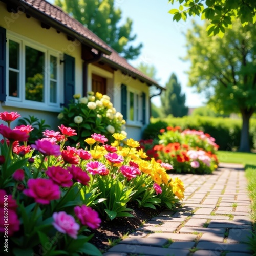 Sunlit flowerbed overflowing with colorful homegrown blossoms, house in view , picture, high resolution