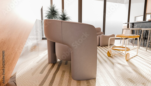 Modern interior with stylish furniture and sunlight illuminating the space, highlighting design.