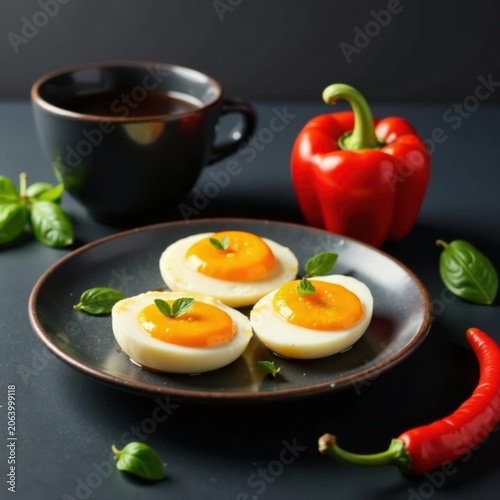 Sunnyside eggs with pepper, coffee on black background , delicious, sunnyside up, white cup