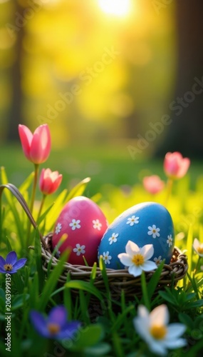 Sunrise illuminates colorful painted eggs nestled in vibrant green grass with blooming spring flowers , easter decoration, holiday atmosphere