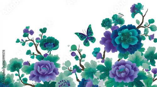 Artistic Floral Design with Purple and Teal Flowers and a Butterfly