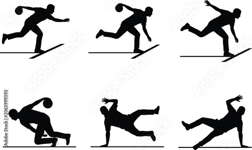 Foto Bowling player silhouettes set with male bowler throwing ball and slipping or fa