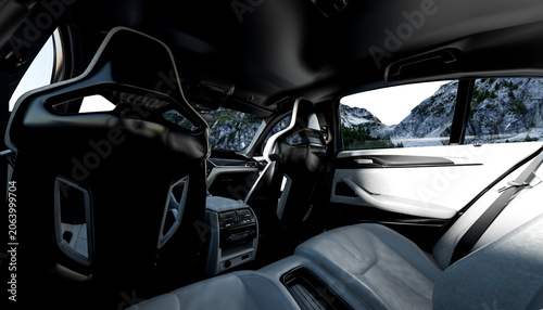 Luxurious car interior with sleek leather seats and stunning mountain view in the background.