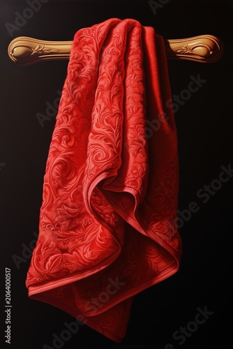 Draped Red Towel Hanging on Wooden Rod Against Dark Background