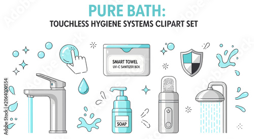 Graphic set of bathroom hygiene icons featuring a faucet smart towel box soap dispenser and shower head with stylized water droplets
