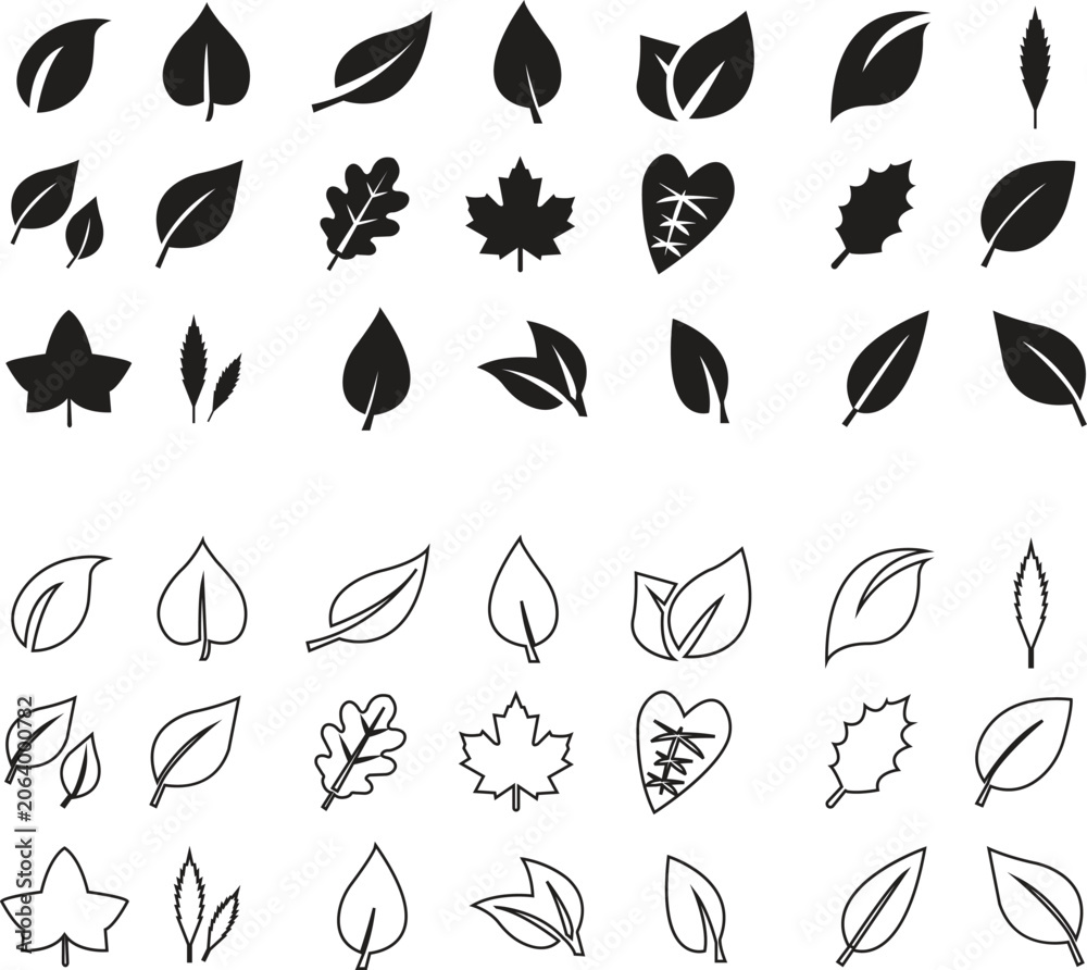 Fototapeta premium Leaf Icons Set, Group, Collection Nature, Botanical and Eco Symbol Vector Set Black and Green Fill and line Leaf Icons for Organic Design
