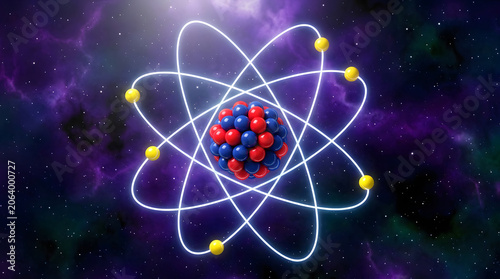 This is an artistic representation of an atom with a nucleus made of red and blue spheres and yellow electrons orbiting it. The background is a nebula-filled space scene with stars.
