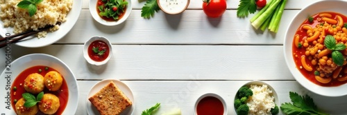 Variety of Chinese dishes arranged artfully on a white wooden surface, kung pao, chopsticks, bowls
