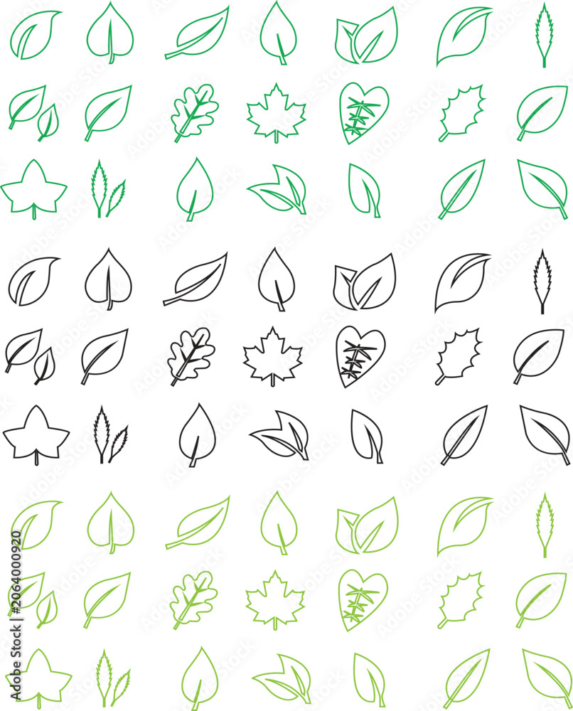 Fototapeta premium Leaf Icons Set, Group, Collection Nature, Botanical and Eco Symbol Vector Set Black and Green Fill and line Leaf Icons for Organic Design
