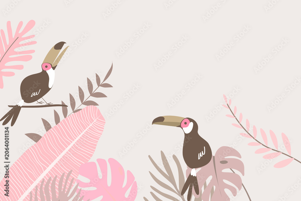 Obraz premium Pink pastel tropical bird border, beige design