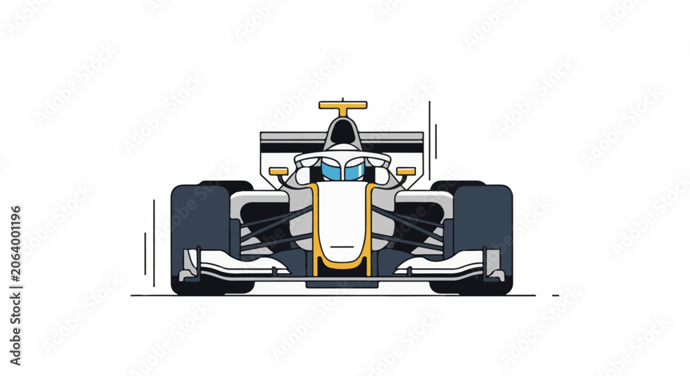 Naklejka premium A sleek, gray and yellow race car with blue accents faces forward