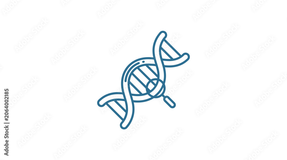 Fototapeta premium Double helix DNA strand with magnifying glass icon.