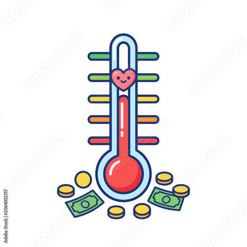 Cute donation thermometer with money shows fundraising goal