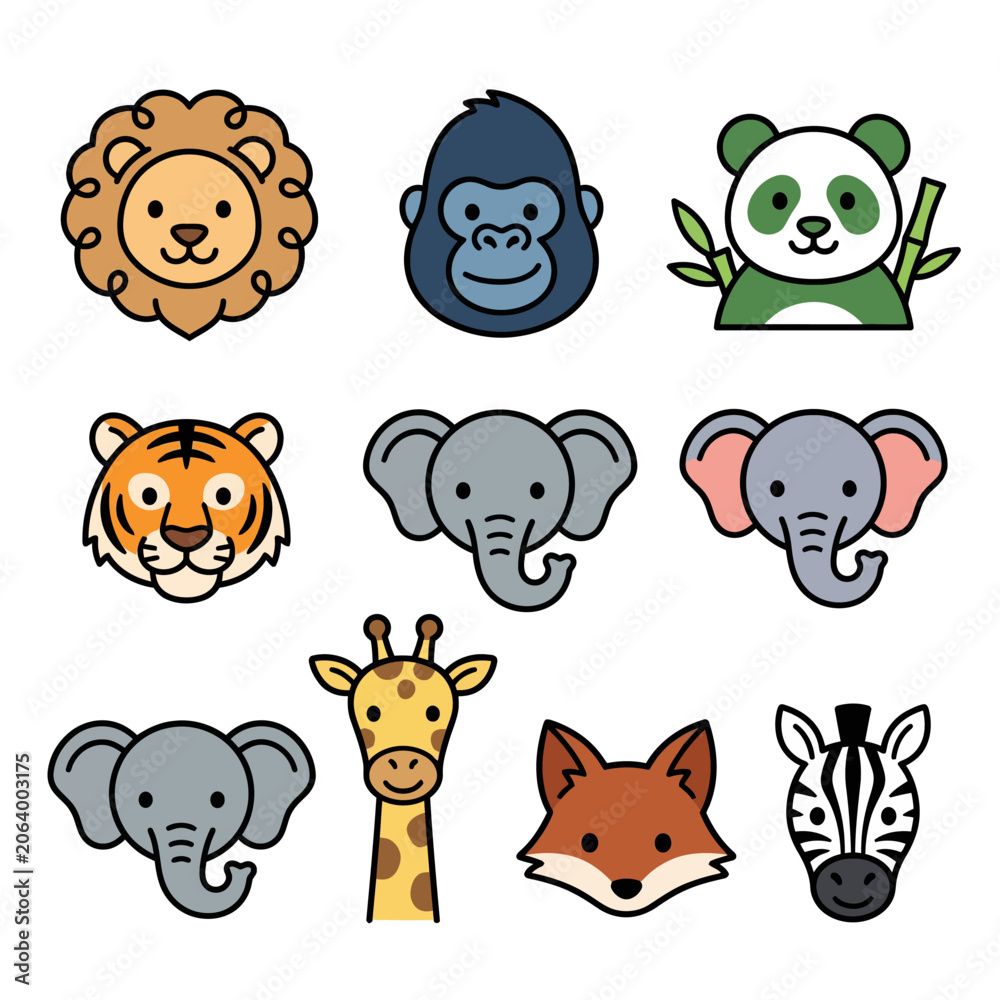 Fototapeta premium A collection of cute cartoon animal faces on white background