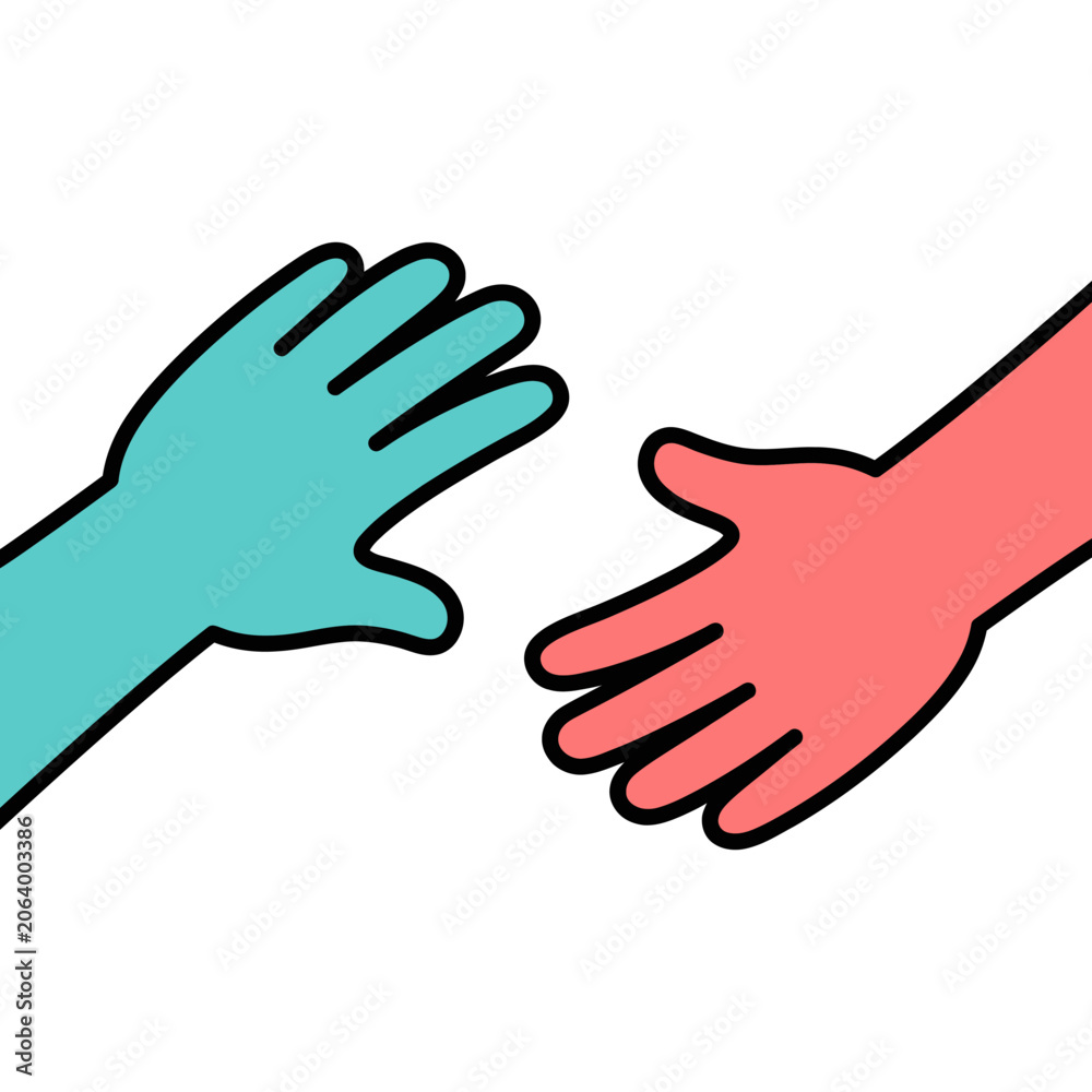 Fototapeta premium Two colorful cartoon hands reaching out to connect with each other