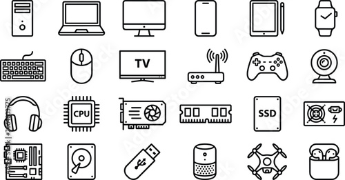 Schilderij op canvas Consumer Electronics and Digital Device Icon Collection with Computer Hardware,