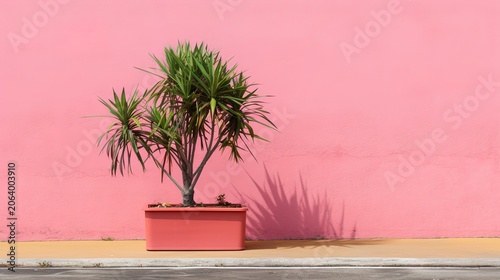 Minimalist indoor plant in pink pot against pastel wall with copy space