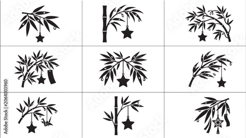 Bamboo Branch Silhouette with Hanging Star Ornaments, Droplets and Chinese Lantern-Style Decor for Tanabata and Festive Design