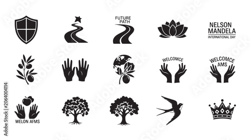 Fotografía Mandela Day Silhouette Icons Grid with Shield, Hands, Dove, Tree, Lotus, Crown a