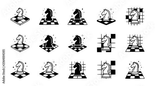 Cuadro en lienzo Chess Knight Icons Set, Isometric & Flat Design, Black and White Game Pieces Col