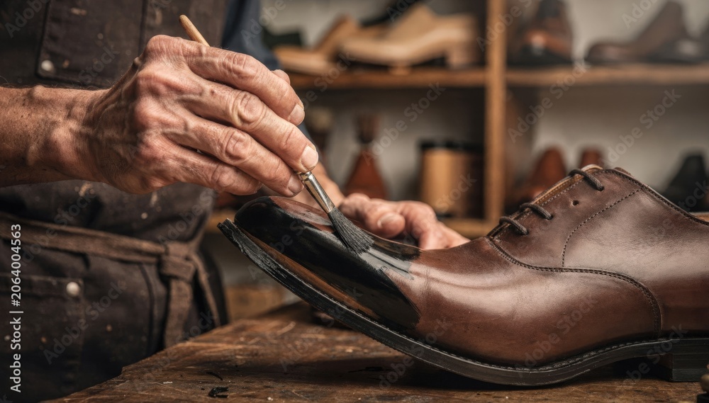 Obraz premium Medium shot of a craftsman carefully applying black edge paint to shoe soles highlighting precision and sleek finish in artisanal footwear production.