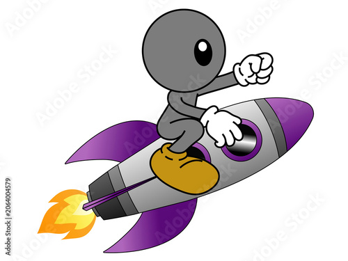 Drawing of human that riding a rocket flying forward