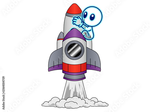 Drawing of transparent human that riding a rocket flying up