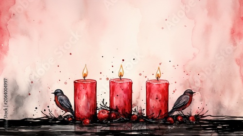 Watercolor red candles with splatter effect and two birds on rustic surface