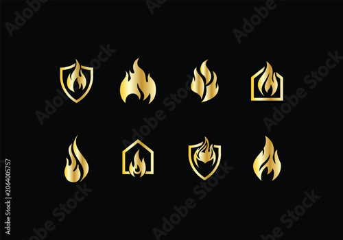 Golden Fire Flame Elements Collection. Oil and gas logo Fire shield and energy logo with vector design 