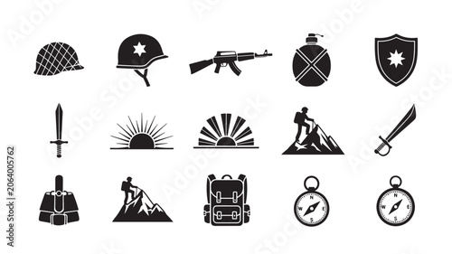 Tableau sur toile Military War Icons Grid with Helmet, Rifle, Crossbones, Shield, Sword, Commander