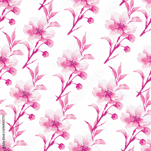 Watercolor Pink Flower Branches Seamless Pattern Illustration Background