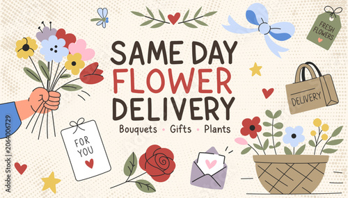 Fresh Flower Delivery Service Banner with Bouquet and Gift Shop Elements