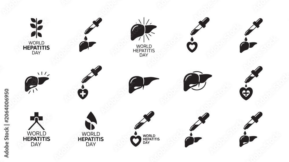 Obraz premium World Hepatitis Day Icons Set with Liver Symbols, Medical Dropper and Heart Icons on Clean White Background