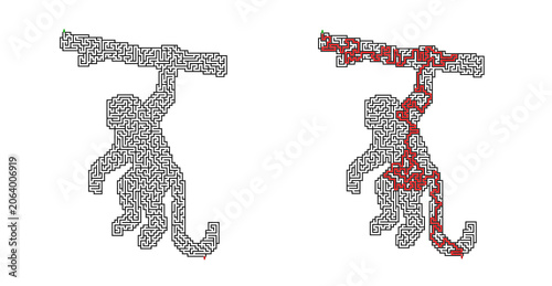 Canvas Print Monkey-shaped maze for an activity book (with the route and solution shown); wild animal puzzle for children and adults on a transparent background