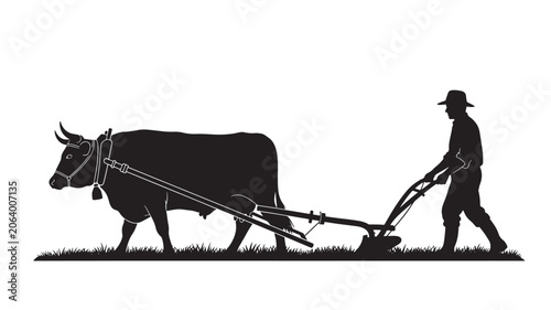 Canvastavla Cow Silhouettes with Plowing Yoke and Plow, Featuring a Rancher Walking in a Fie