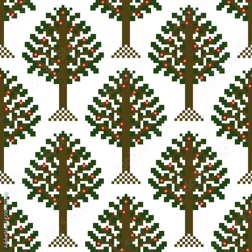 Seamless pattern pixel art tree